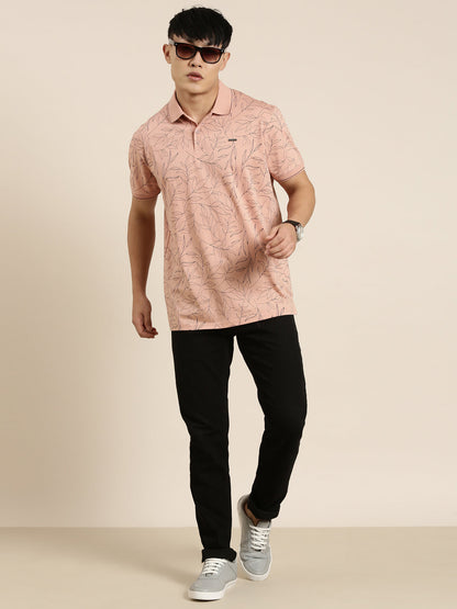 Mercerised Cotton Polo Collar Printed Tshirt in Peach