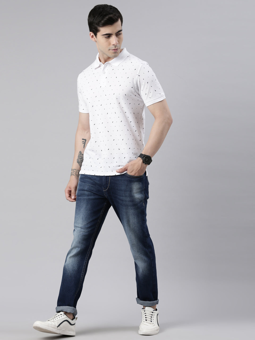 Men's White Printed Polo Collar T-Shirt