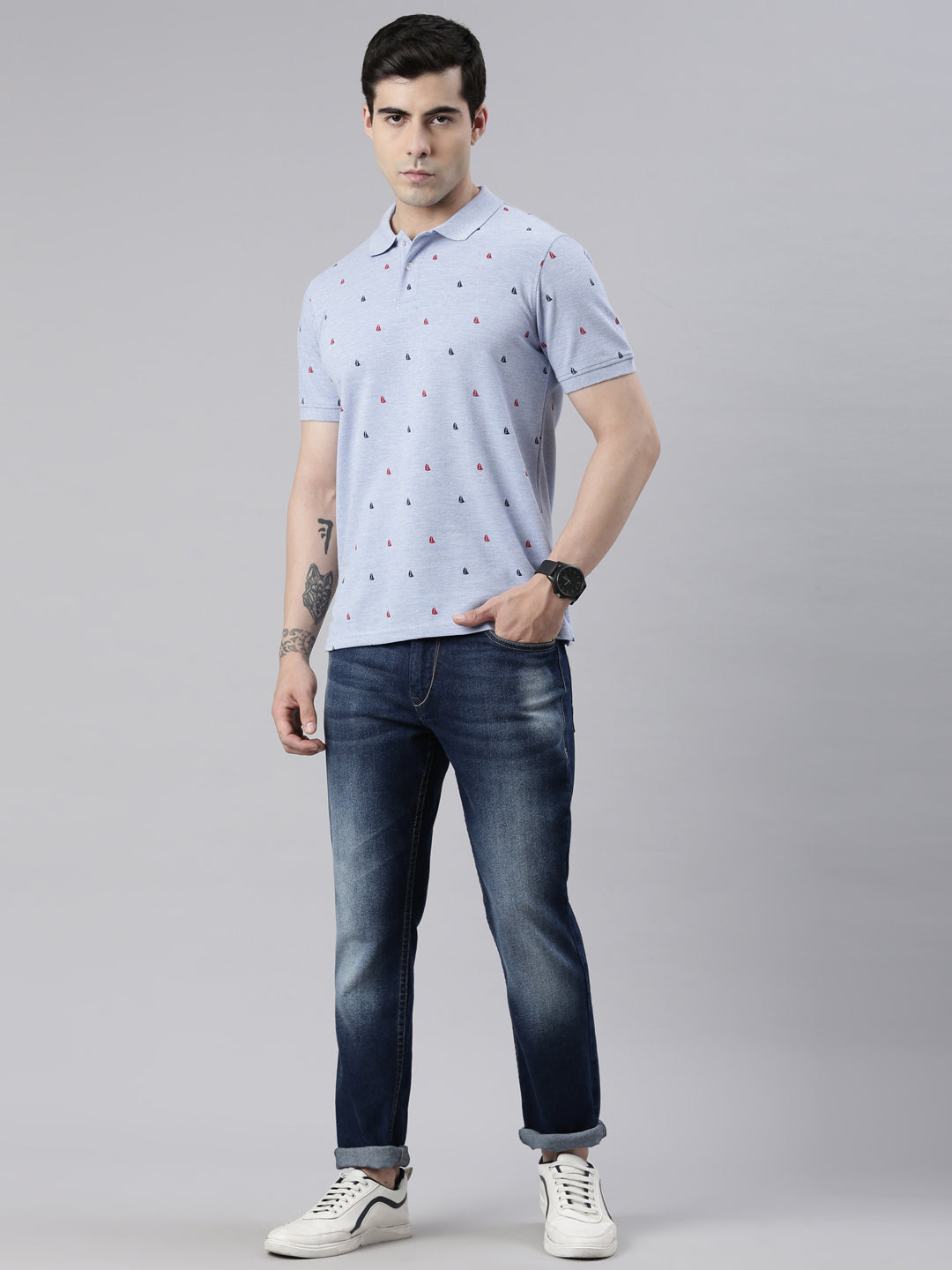 Men's Sky Blue Printed Polo Collar T-Shirt