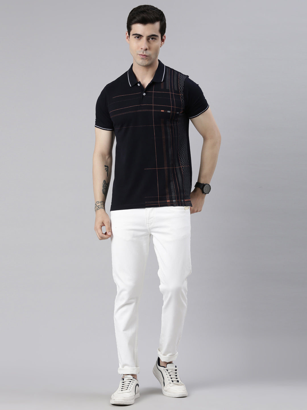 Men's Navy Blue Printed Polo Collar T-Shirt