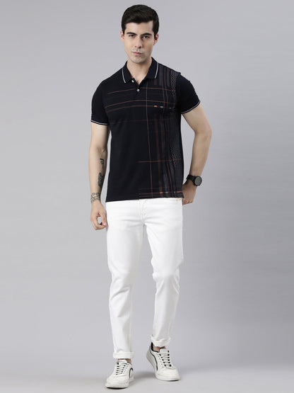 Men's Navy Blue Printed Polo Collar T-Shirt