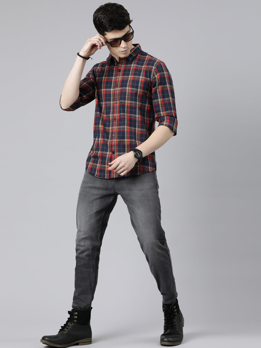 JOVEN Men Checked Pure Cotton Full Sleeve Casual Shirt