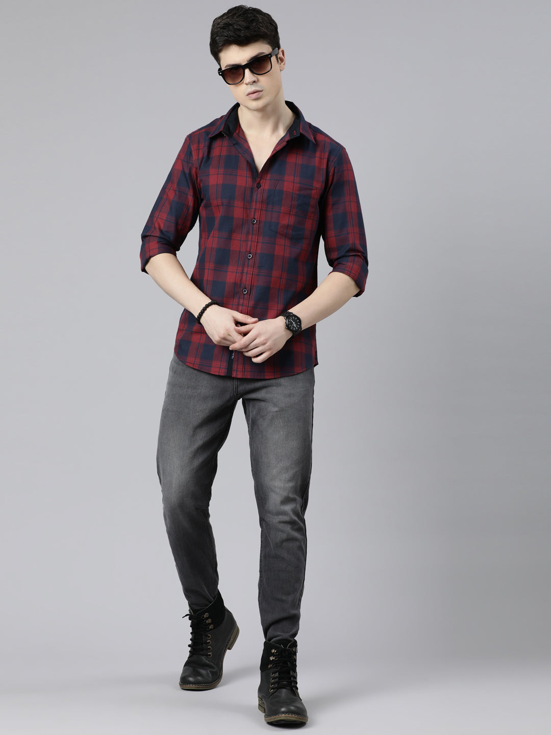 JOVEN Men Checked Pure Cotton Full Sleeve Casual Shirt