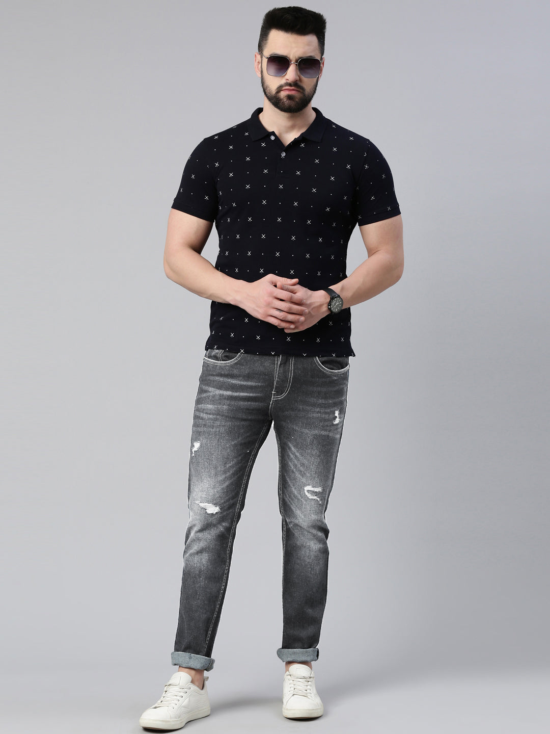 Men's Navy Blue Printed Polo Collar T-Shirt