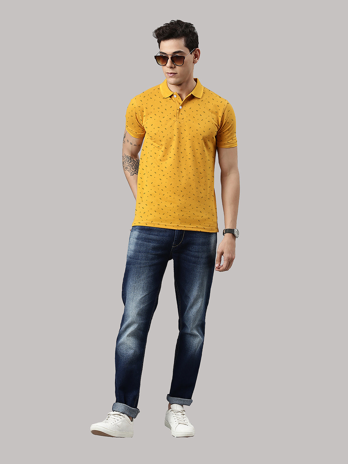 Men's Mustard Printed Polo Collar T-Shirt