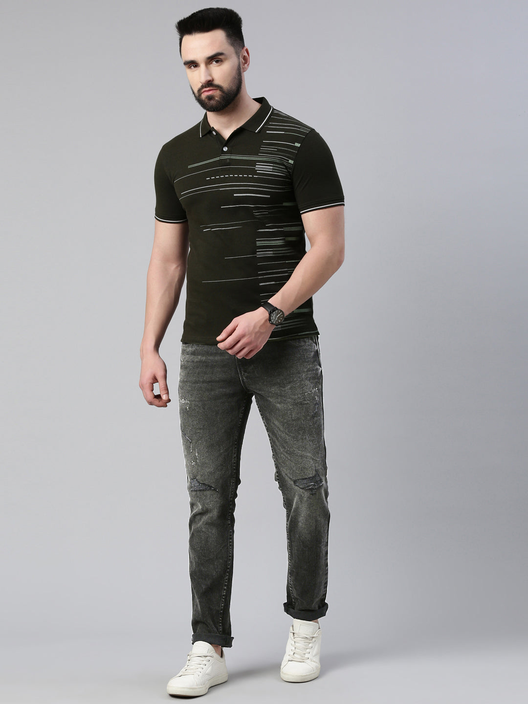 Men's Olive Printed Polo Collar T-Shirt