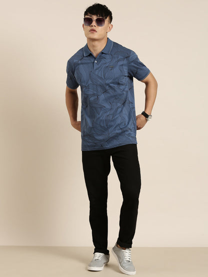 Mercerised Cotton Polo Collar Printed Tshirt in Denim Blue