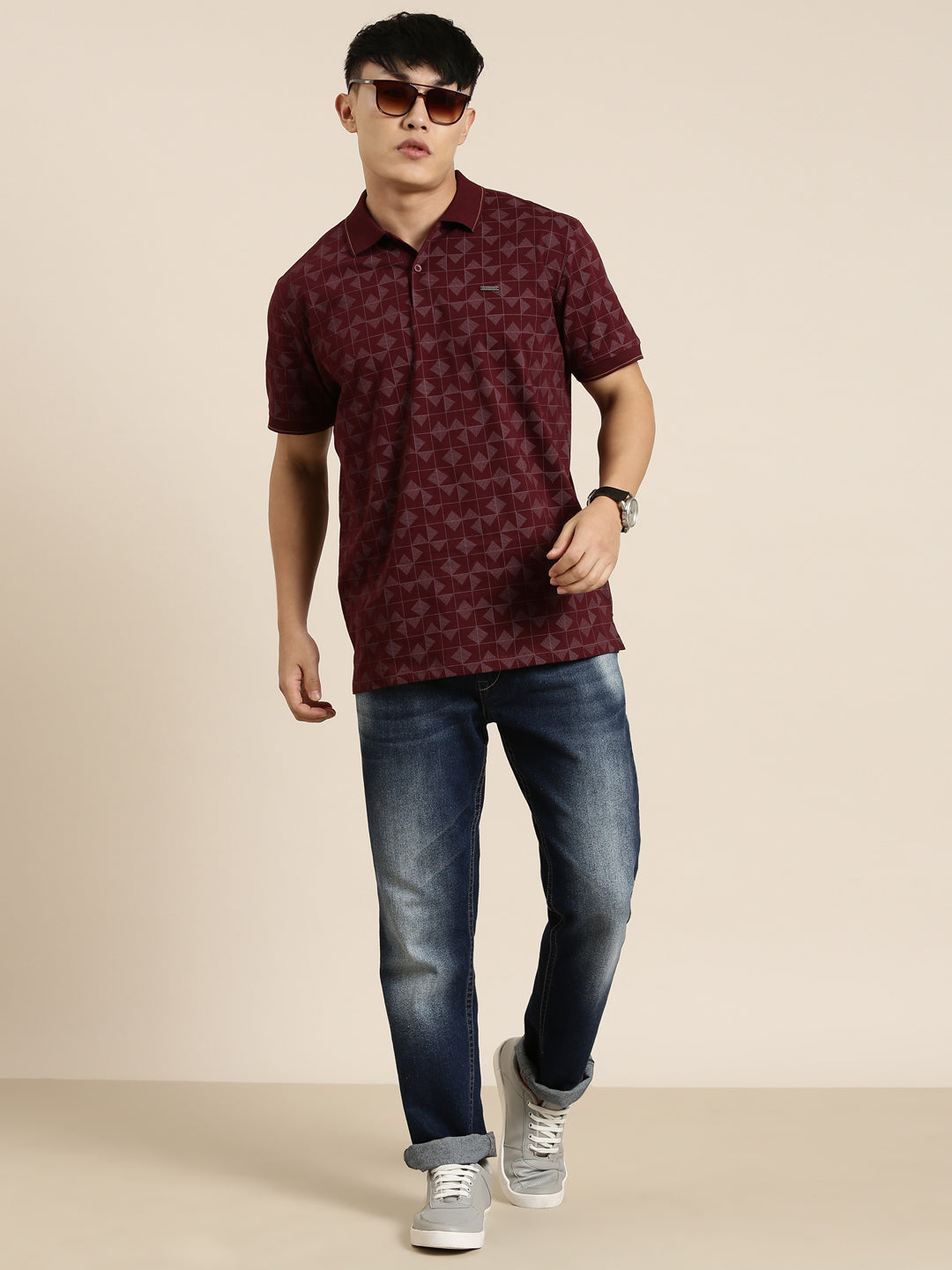 Mercerised Cotton Polo Collar Printed Tshirt in Wine