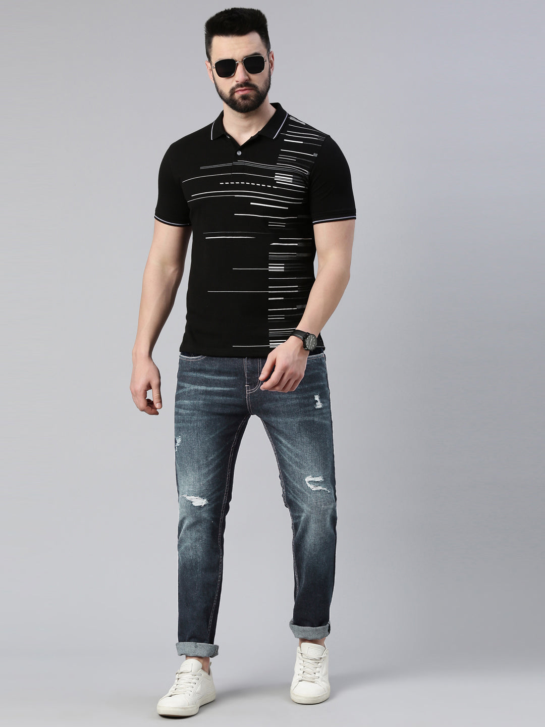 Men's Black Printed Polo Collar T-Shirt