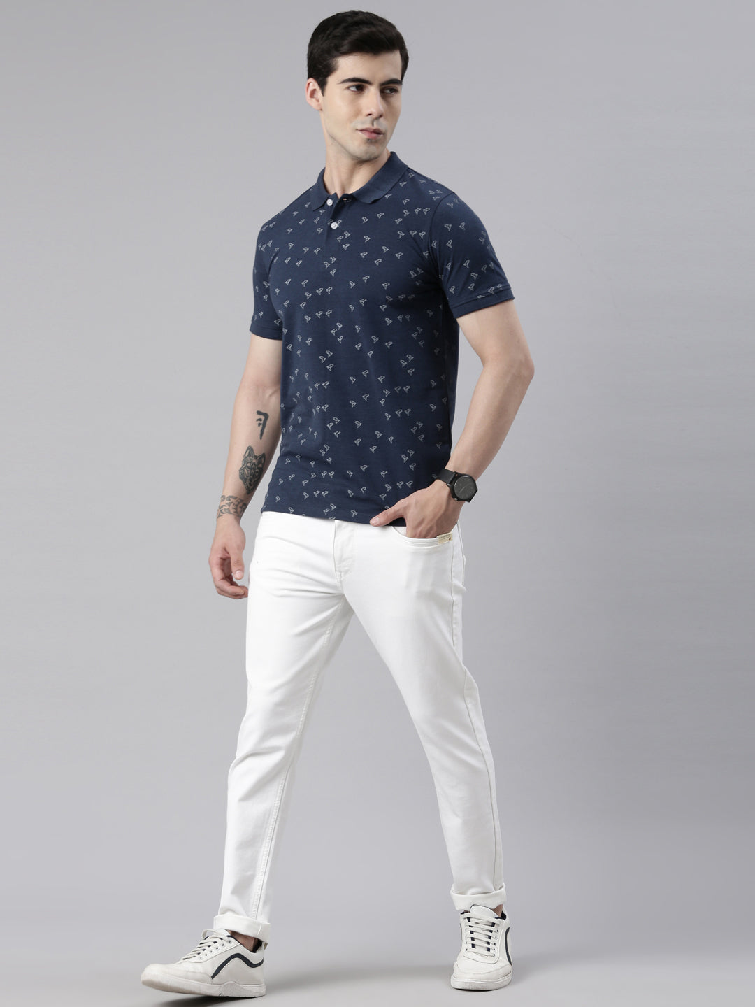 Men's Denim Blue Printed Polo Collar T-Shirt