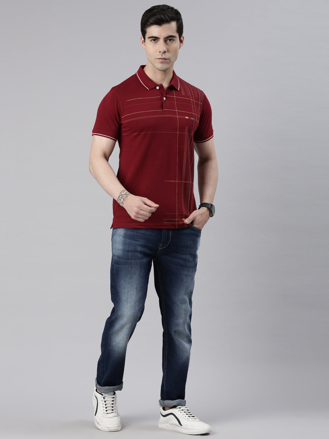 Men's Maroon Printed Polo Collar T-Shirt