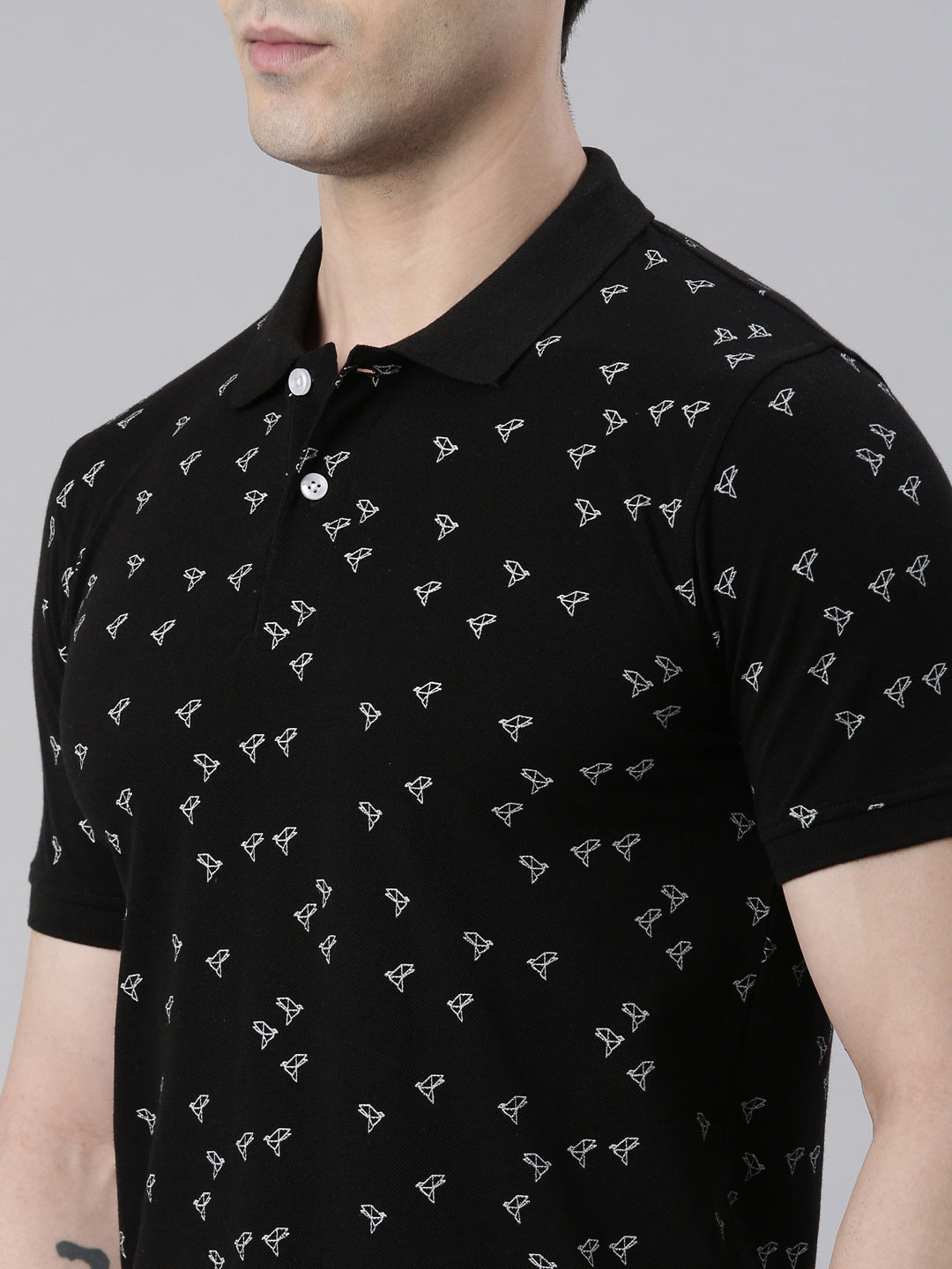 Men's Black Printed Polo Collar T-Shirt