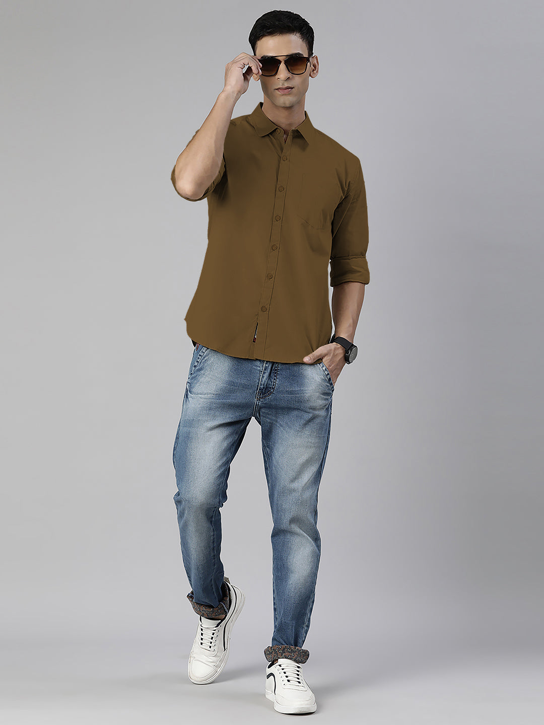 Men's Khaki Solid Full Sleeve Slim Fit Casual Shirt