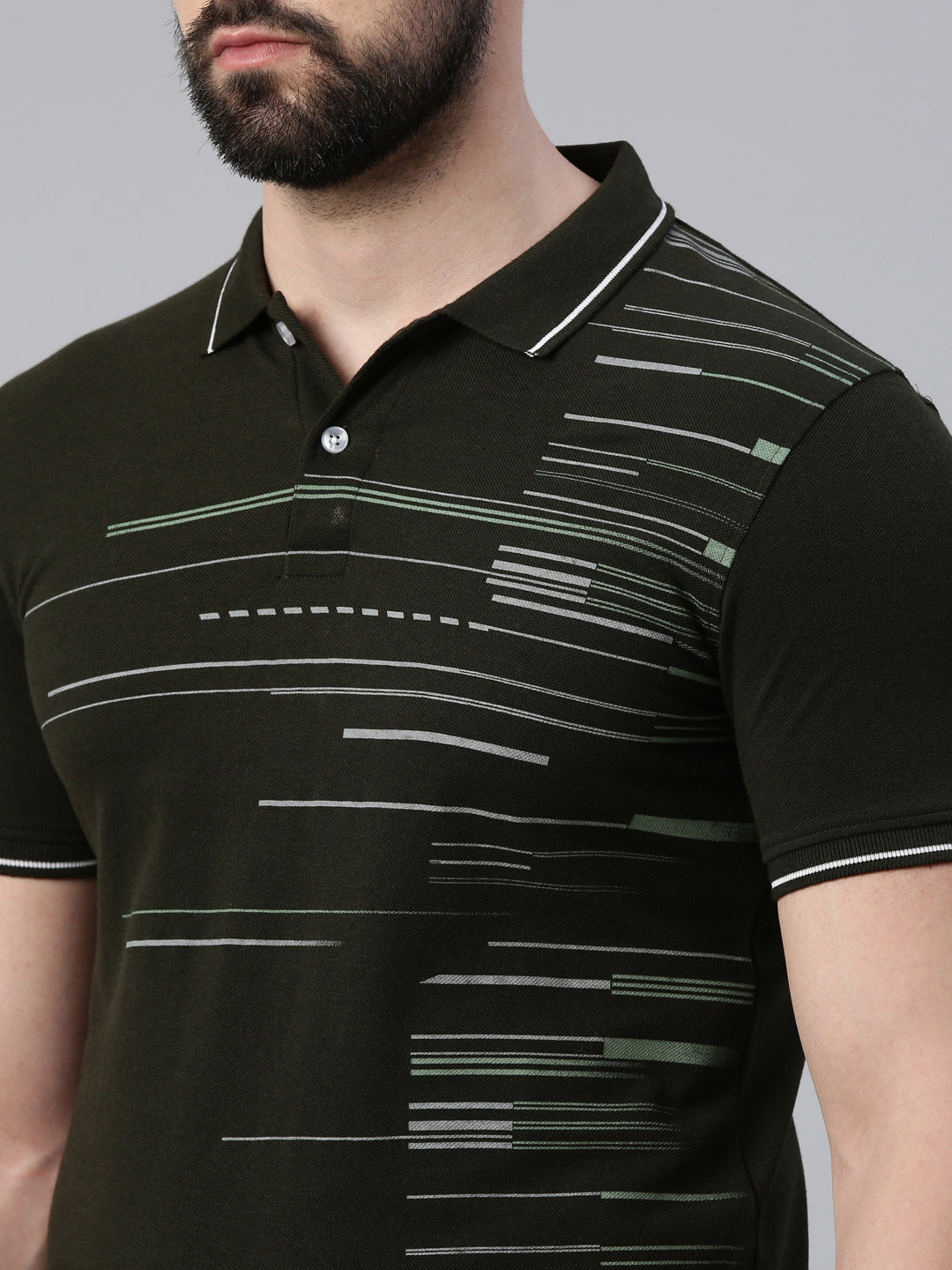 Men's Olive Printed Polo Collar T-Shirt