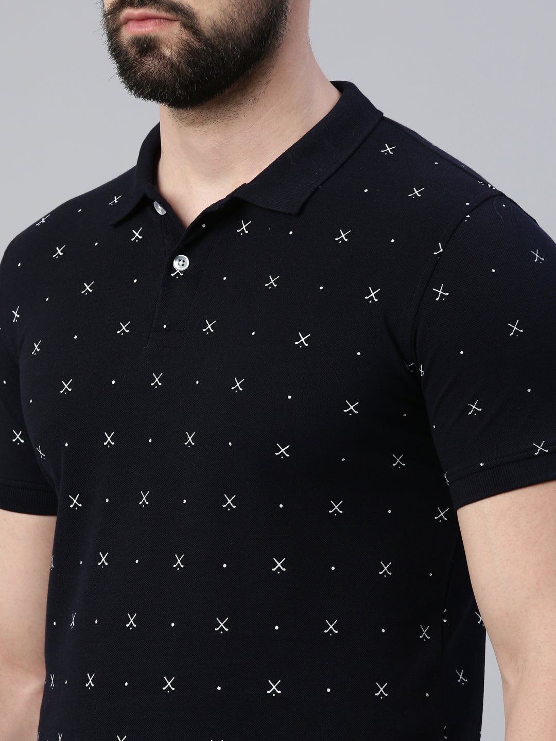 Men's Navy Blue Printed Polo Collar T-Shirt