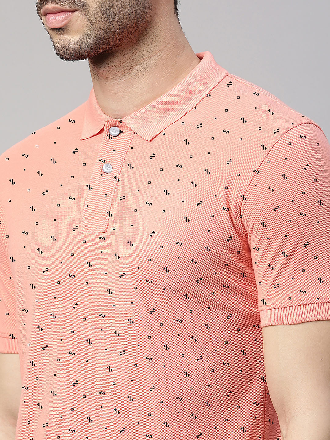 Men's Peach Printed Polo Collar T-Shirt