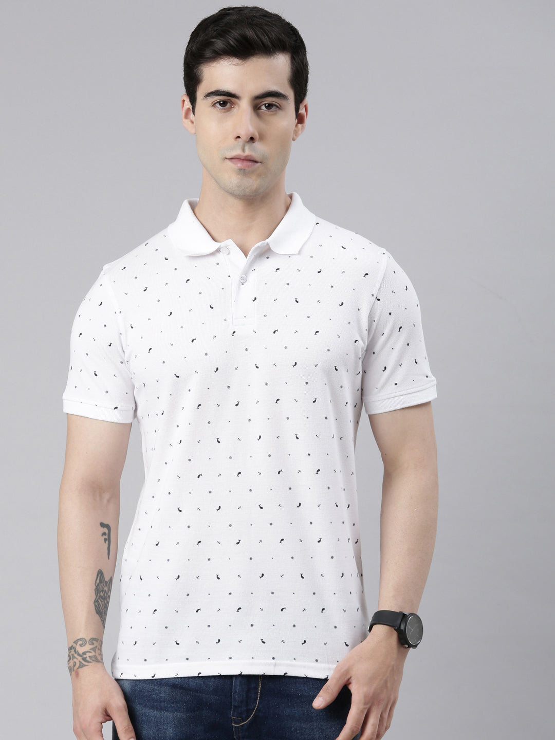 Men's White Printed Polo Collar T-Shirt