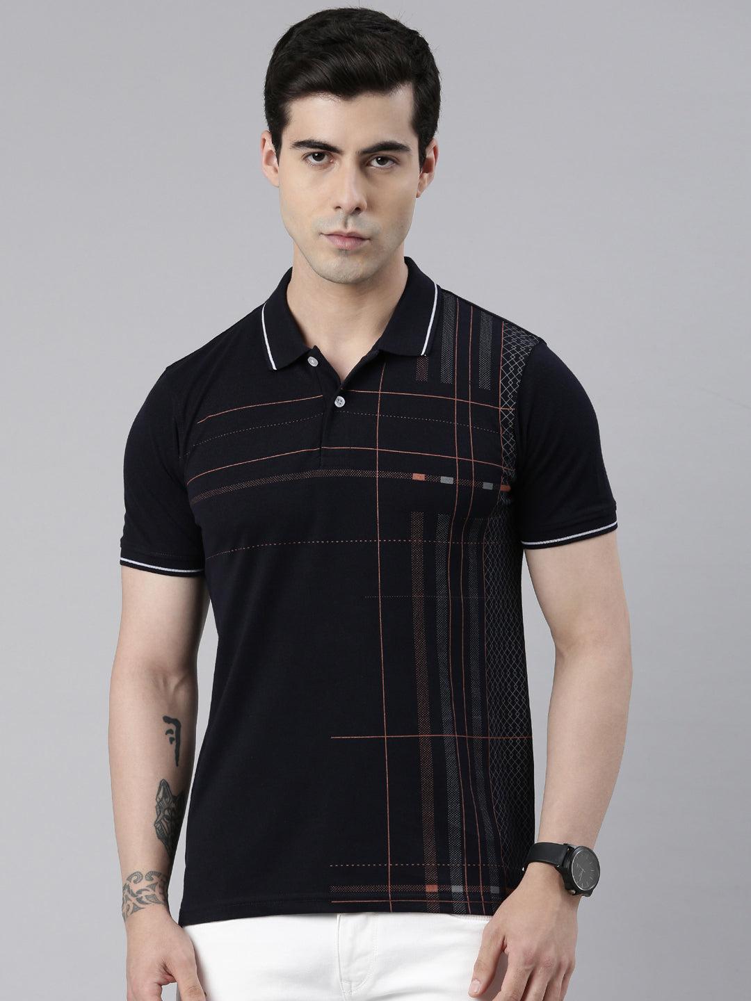Men's Navy Blue Printed Polo Collar T-Shirt