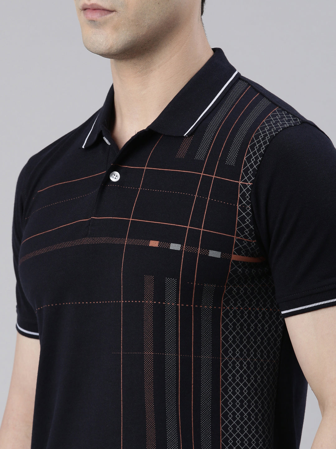 Men's Navy Blue Printed Polo Collar T-Shirt