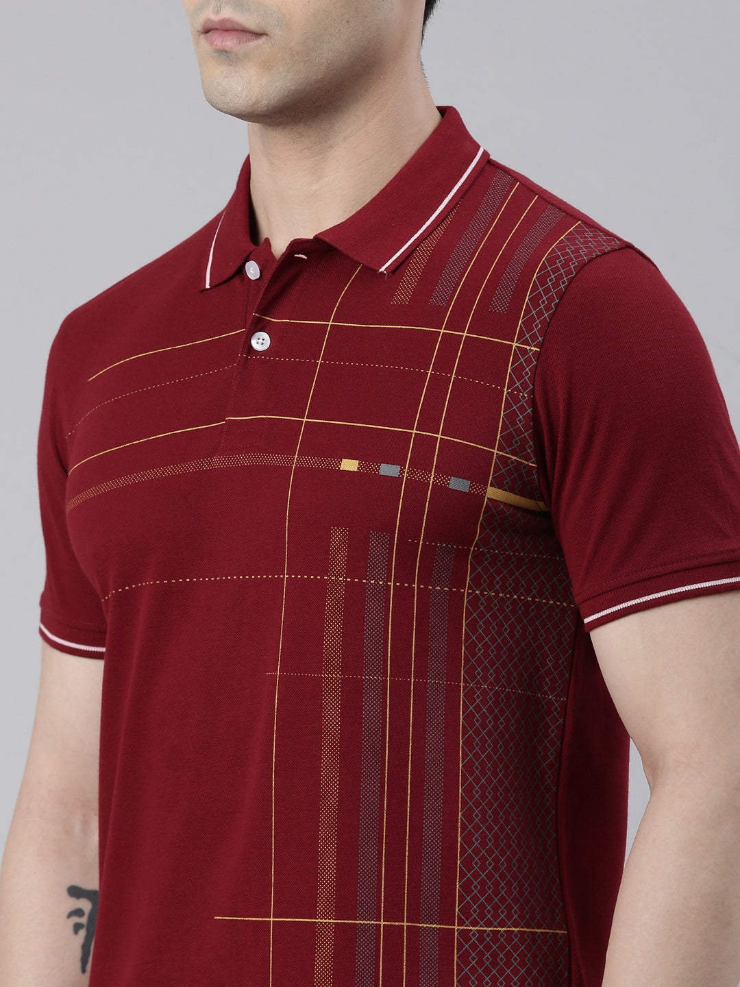 Men's Maroon Printed Polo Collar T-Shirt