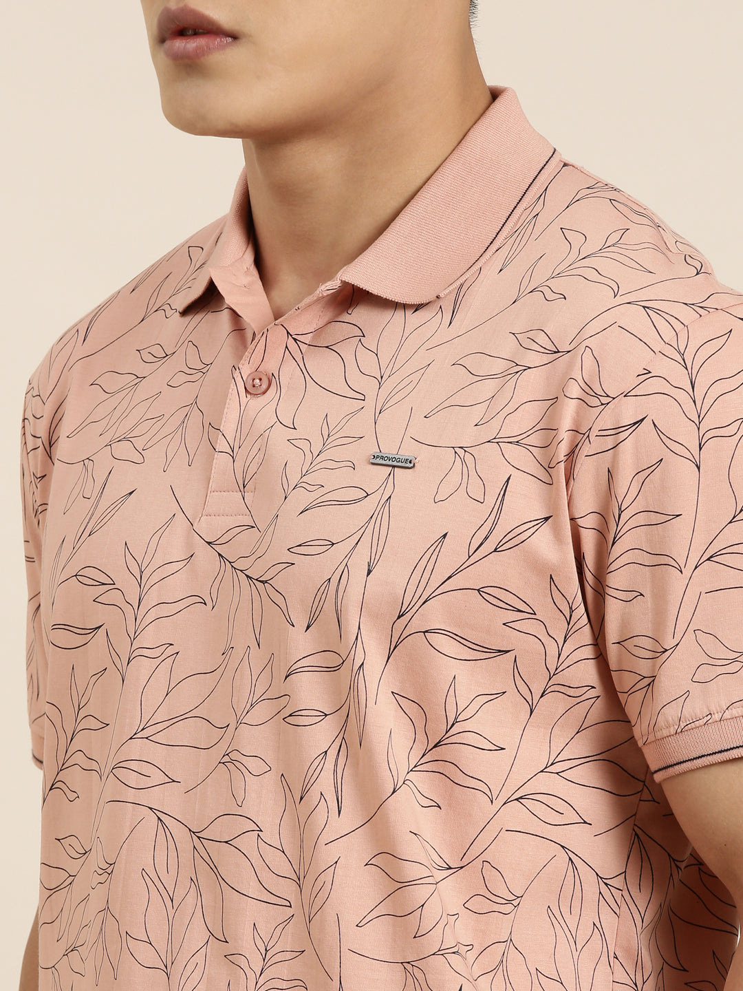 Mercerised Cotton Polo Collar Printed Tshirt in Peach