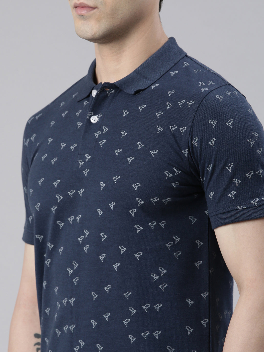Men's Denim Blue Printed Polo Collar T-Shirt