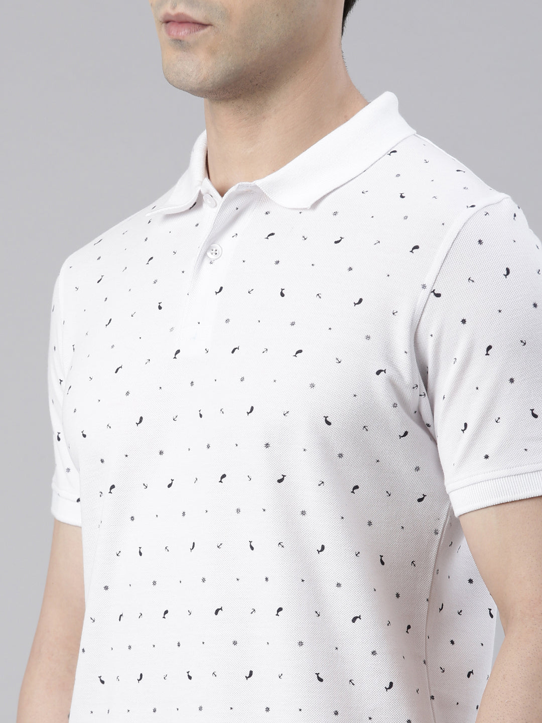 Men's White Printed Polo Collar T-Shirt